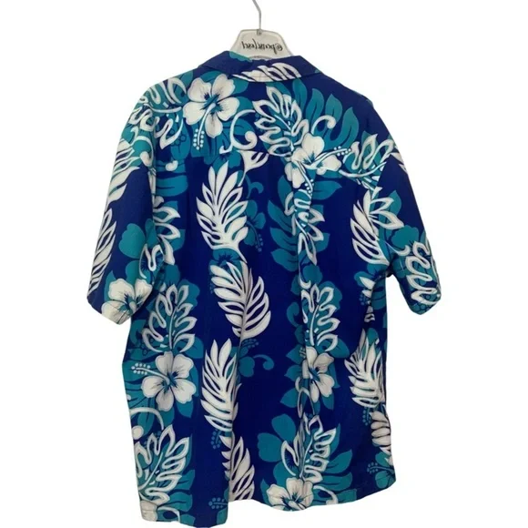 Vintage 80’s Men’s Blue Hawaiian Palm Print Short Sleeve Shirt Made In Hawaii